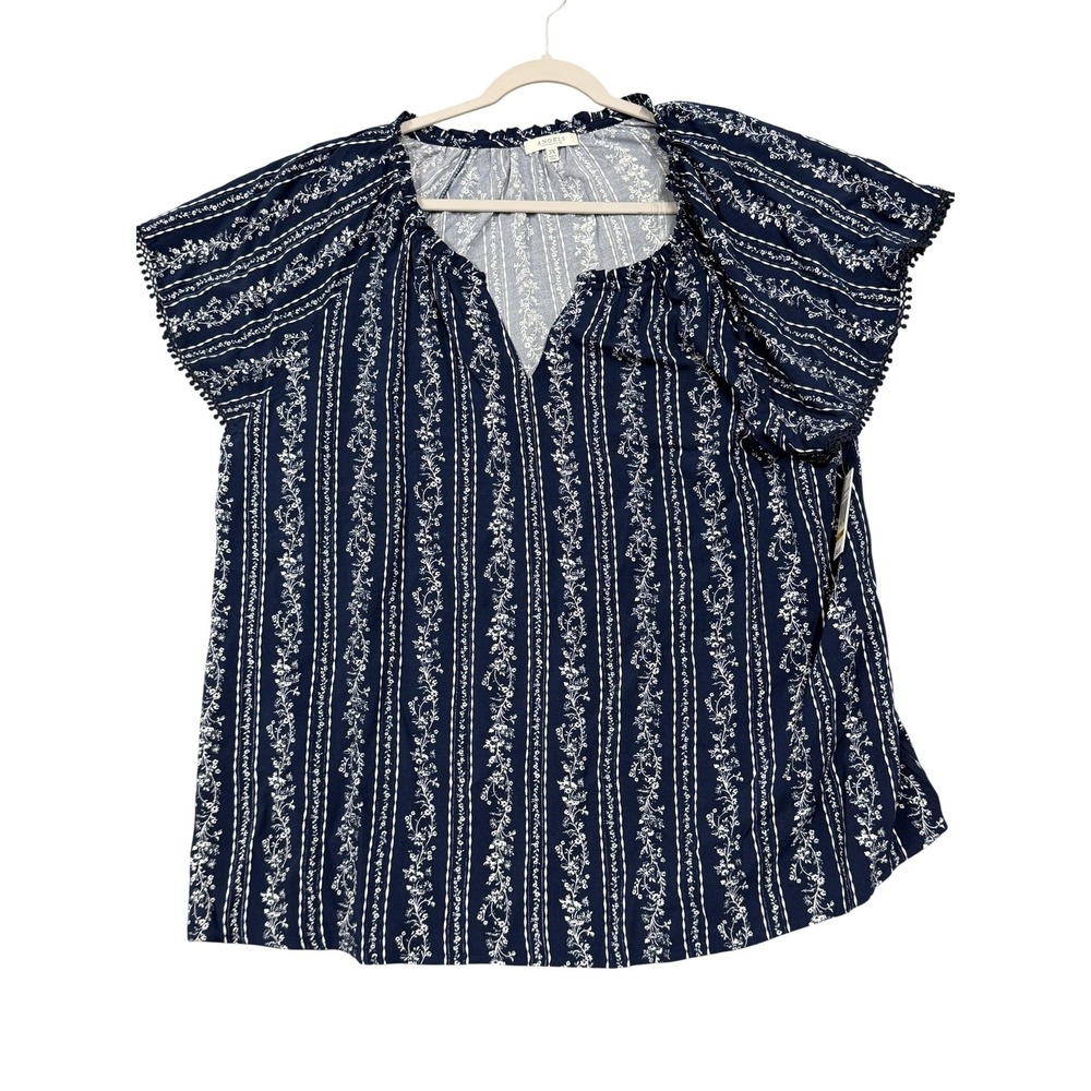Angels Forever Young Blouse Womens 3X Blue Stripe Floral Flutter Sleeve Tunic